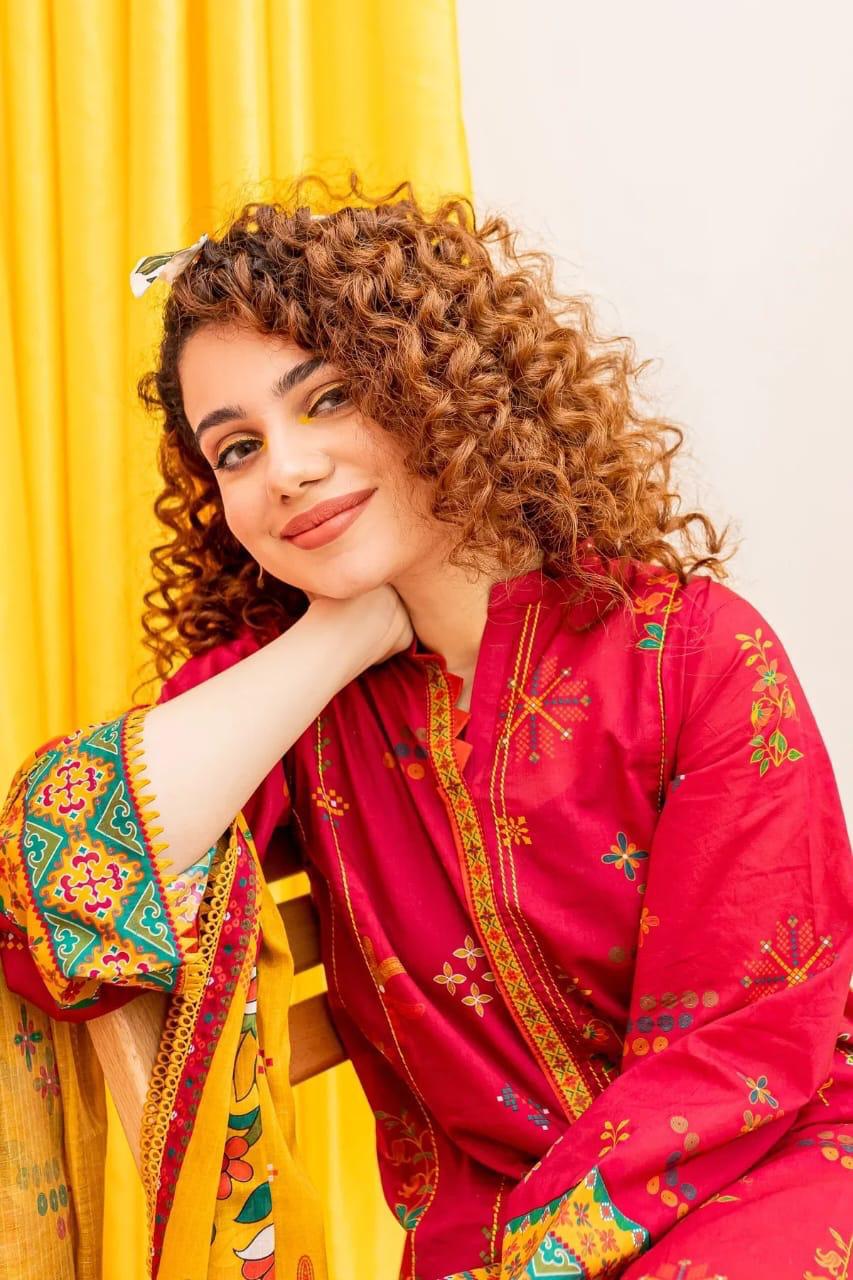 Khaas - Dhanak 3 Pc Suit Red Lime