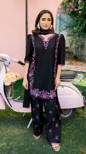 Khaas | 3 Pc Lawn Stitched Suit – Black Embroidered Farshi Shalwar