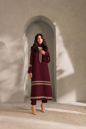 Khaas | Amy 3 Pc Lawn Stitched Suit – Burgundy Hand Embroidered