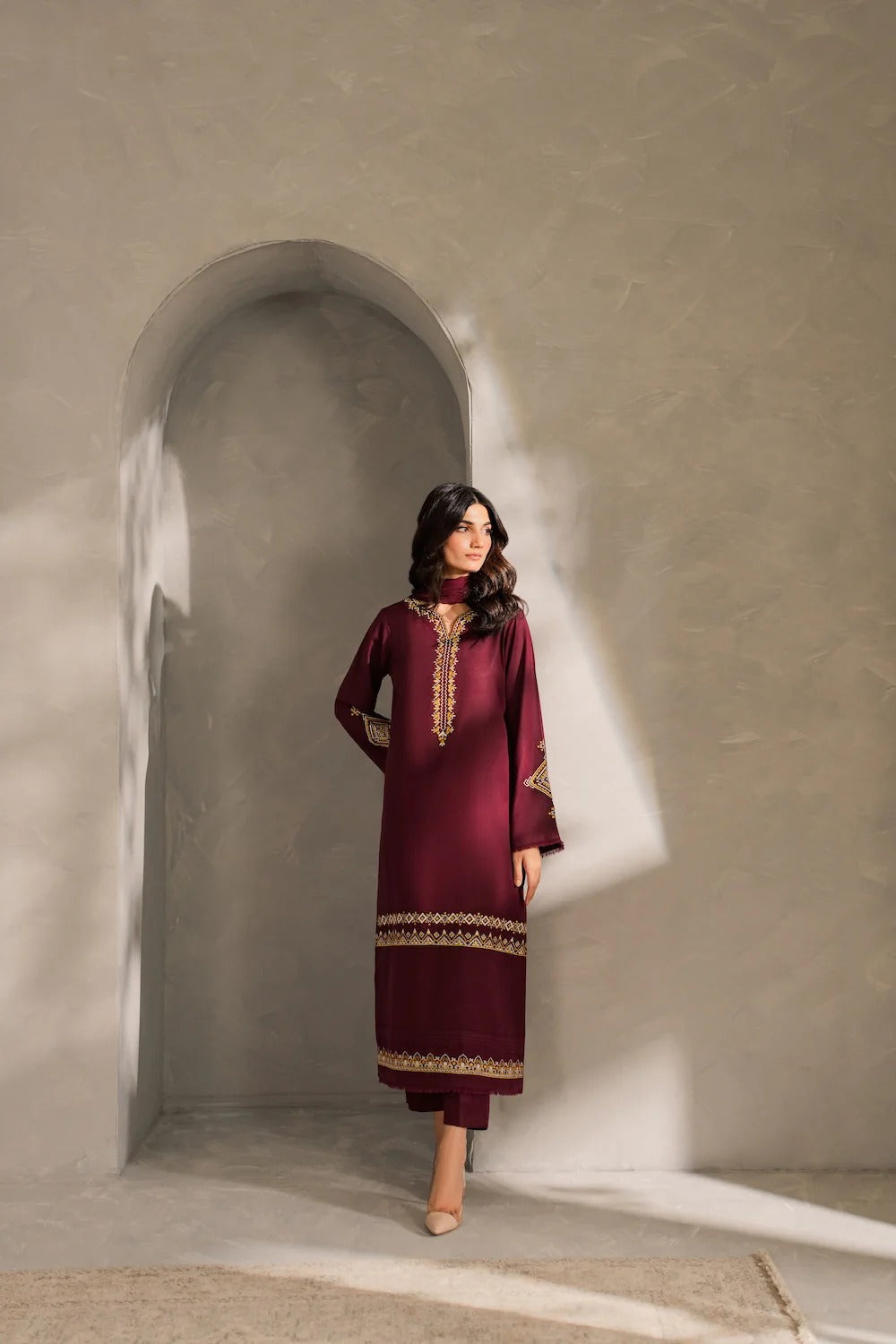 Khaas | Amy 3 Pc Lawn Stitched Suit – Burgundy Hand Embroidered